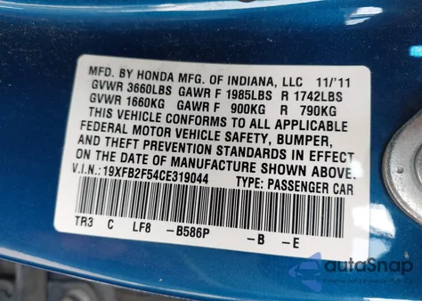 2012 Honda Civic Lx from USA, damaged, VIN 19XFB2F54CE319044